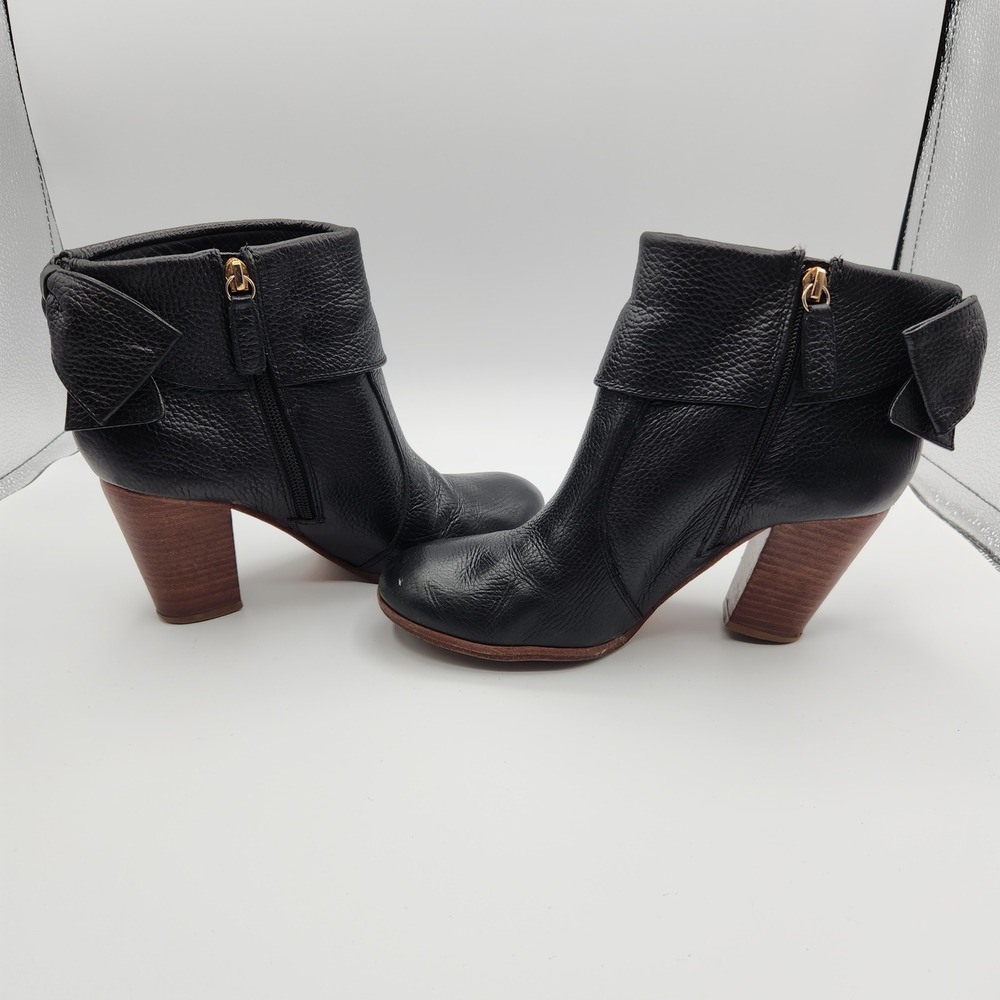 Kate Spade Ankle Boots Womens Black Upper Leather Bow Block Heel Side Zip Round - Picture 3 of 7